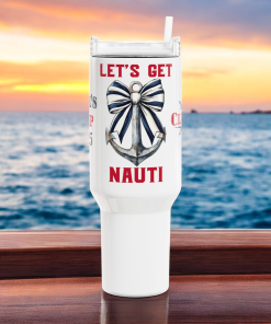 Large custom and personalized 40oz tumbler with handle for Girls Bachelorette Cruise Trip to or any Best Friend cruise vacation. On the front is a nautical anchor with the words Let's Get Nauti. One side allows you to personalize the tumbler with the name of the trip. The other side is your name. Colors are red, white and blue.