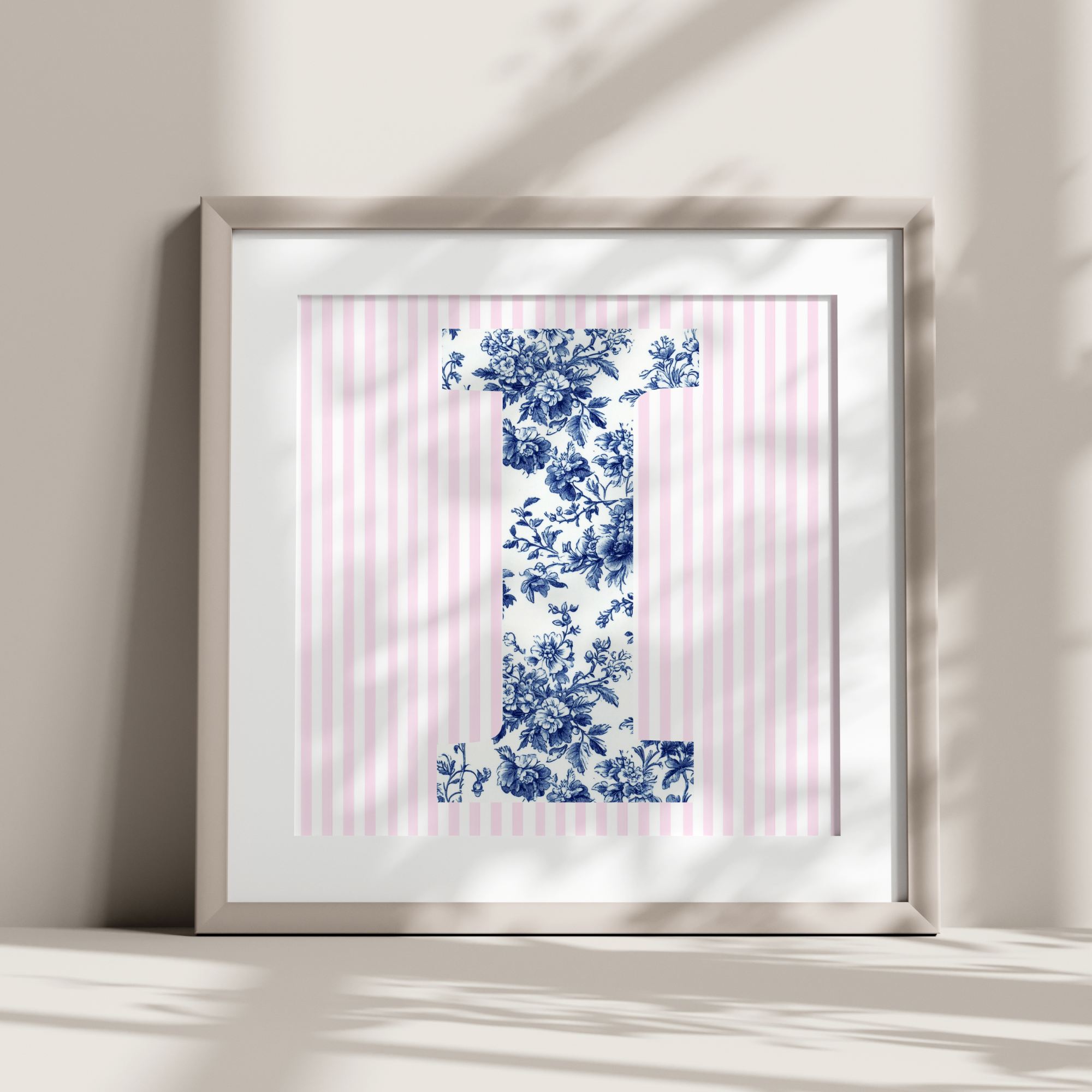 Custom Initial Monogram Letter Print. Letter is a blue toile chinoiserie preppy floral design with light pink stripes for the background. This is an actual print that needs to be framed. Printed on premium matte paper and can be used as decor for college dorm room Wall Art. Bedroom themes are Pink and Blue Coquette Coastal Room Decor.