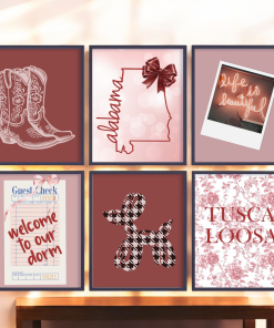 Set of 6 Dorm Room Prints in Pink and Red and white. They include welcome to our dorm guest check, white cowboy boots, black and white spirit animal balloon dog, a photo of the words life is beautiful, the state with a red bow, and a red floral pattern. These Dorm or Apartment Wall Prints have either a light pink background or a deep red background.