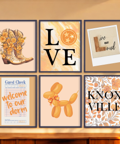 Set of 6 Dorm Room Prints in orange and white. They include welcome to our dorm guest check, orange floral cowboy boots, an orange spirit animal balloon dog, a photo of the words live out Loud, and an orange floral pattern. These trendy dorm or apartment wall prints have either a light orange background or a bright orange background.