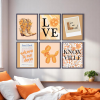 Set of 6 Dorm Room Prints in orange and white. They include welcome to our dorm guest check, orange floral cowboy boots, an orange spirit animal balloon dog, a photo of the words live out Loud, and an orange floral pattern. These trendy dorm or apartment wall prints have either a light orange background or a bright orange background.