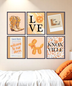 Set of 6 Dorm Room Prints in orange and white. They include welcome to our dorm guest check, orange floral cowboy boots, an orange spirit animal balloon dog, a photo of the words live out Loud, and an orange floral pattern. These trendy dorm or apartment wall prints have either a light orange background or a bright orange background.